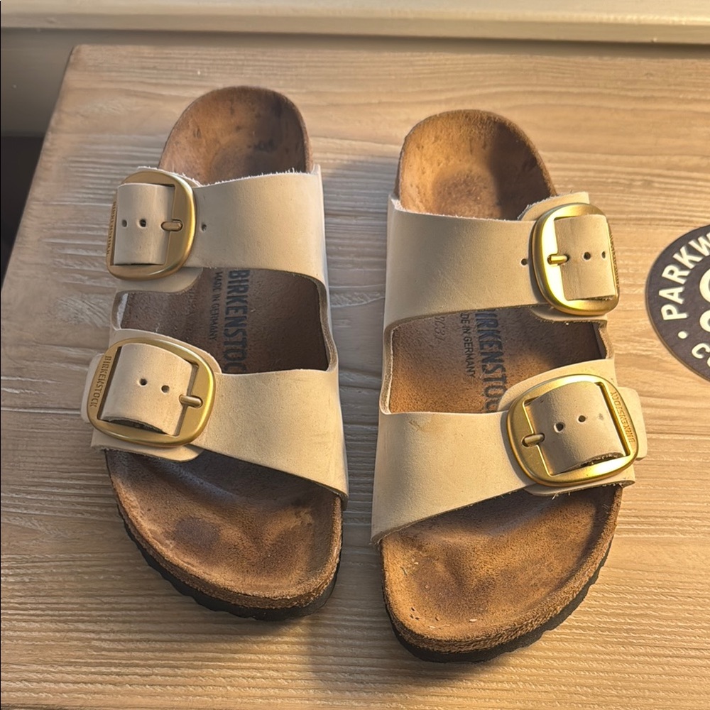 Birkenstock Beige Sandals with Gold Buckles